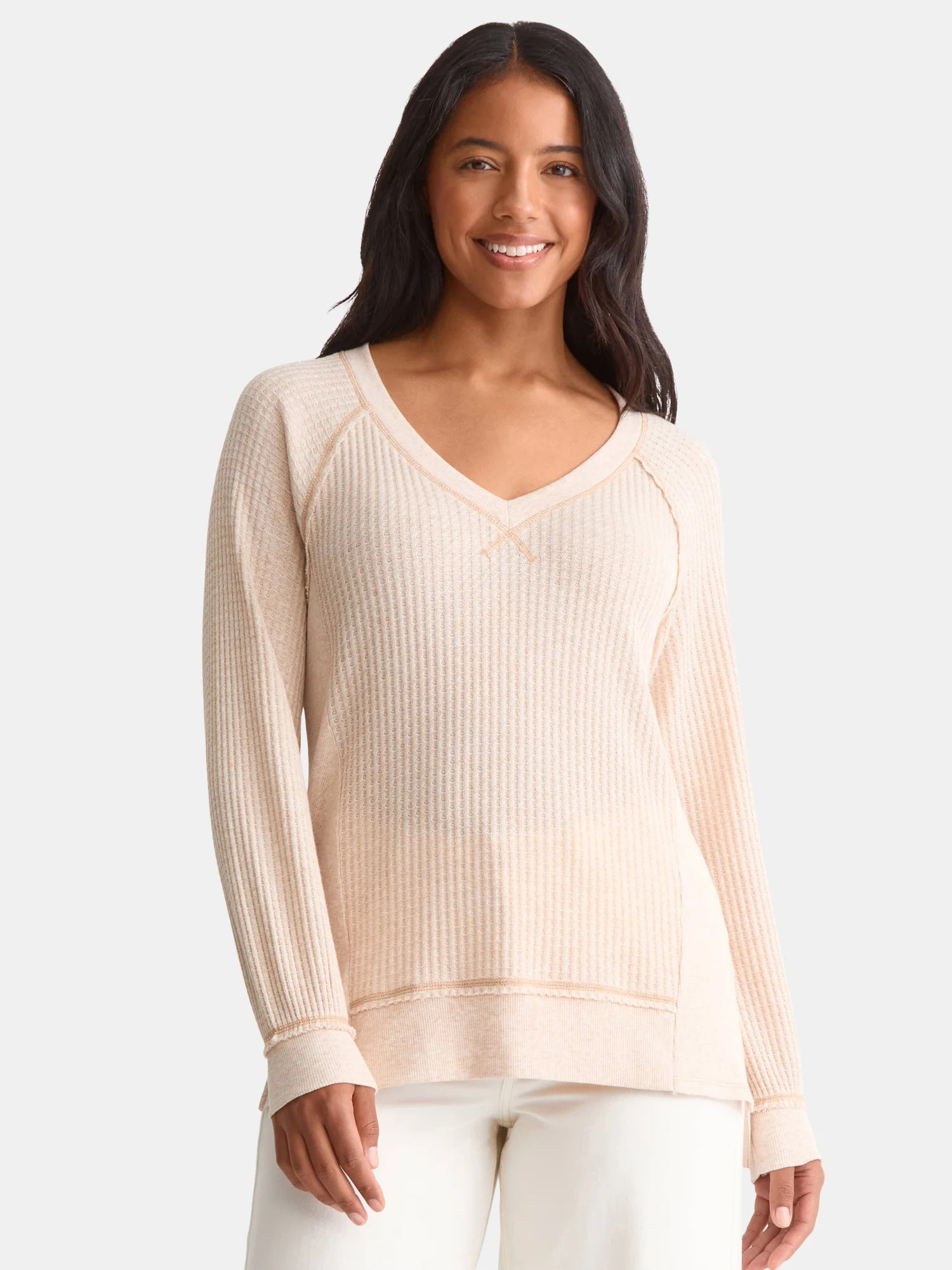 Time and Tru Women's V Neck Tunic Sweatshirt with Long Sleeves, Sizes XS-XXXL | Walmart (US)