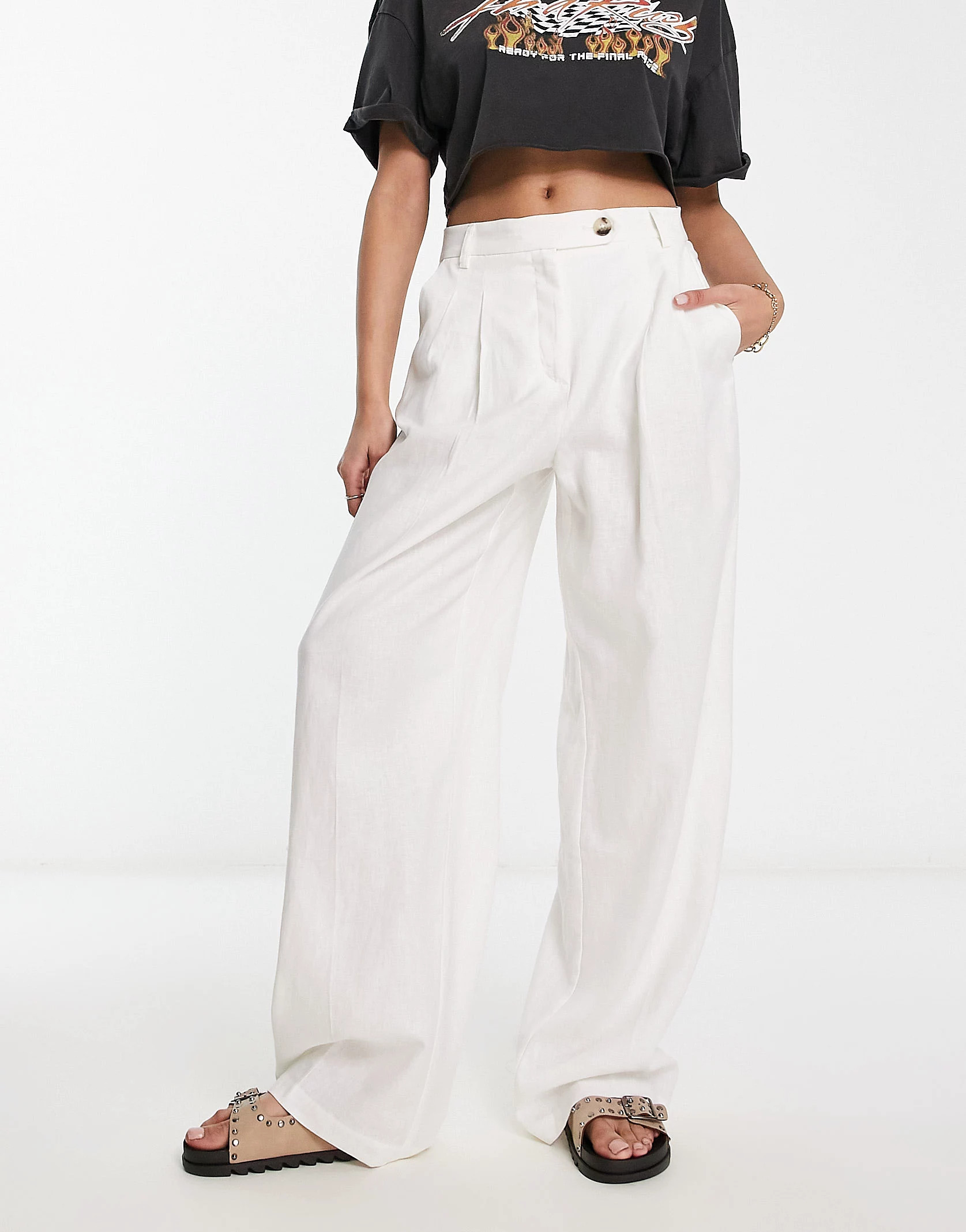 Bershka high waisted wide leg linen pants in white | ASOS (Global)