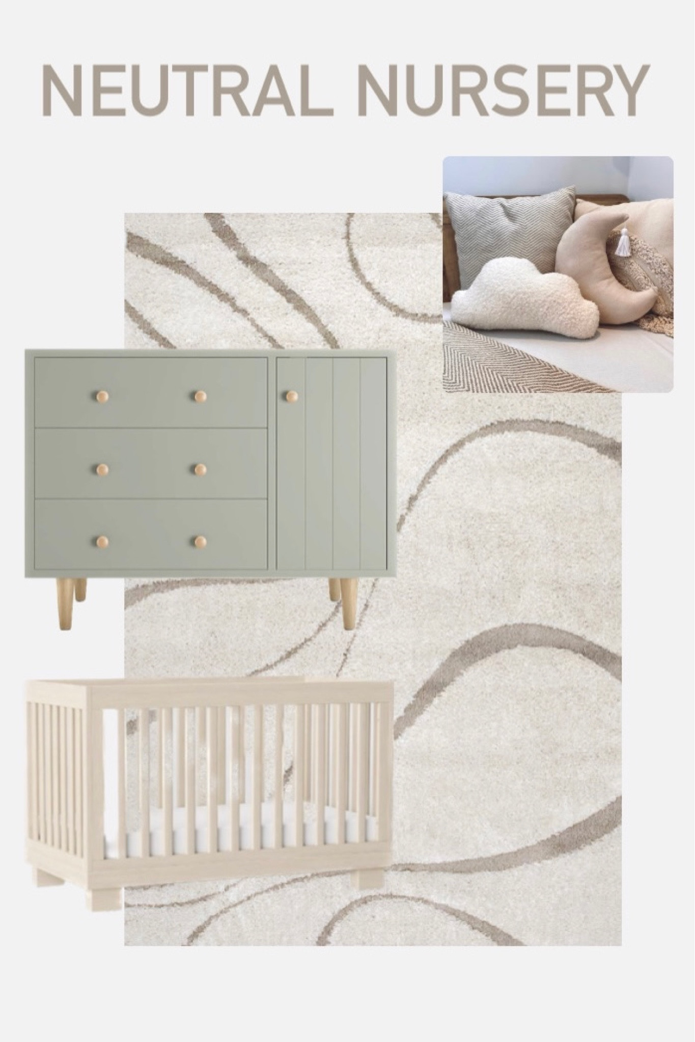 Neutral Nursery Design. Green dresser, natural wood crib, modern rug, cloud pillow.

#LTKkids #LTKFind #LTKfamily