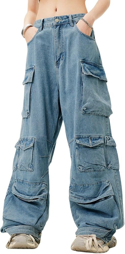 Women's Cargo Pants Low Waist Baggy Jeans Pocket Wide Leg Casual Trendy Streetwear Grunge Emo Clo... | Amazon (US)