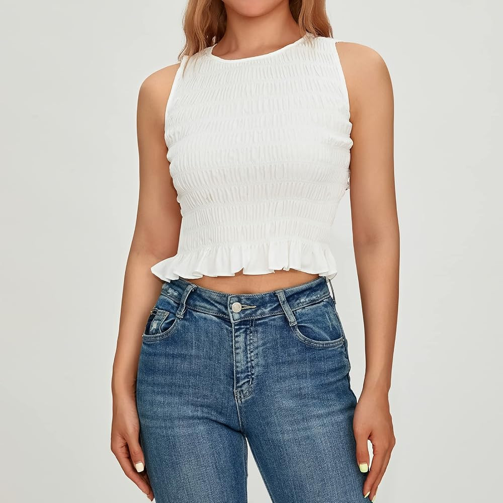 Women Shirred Tank Top Ruffle Sleeveless Tanks Frill Smocked Halter Cami Tops Summer Streetwear | Amazon (US)