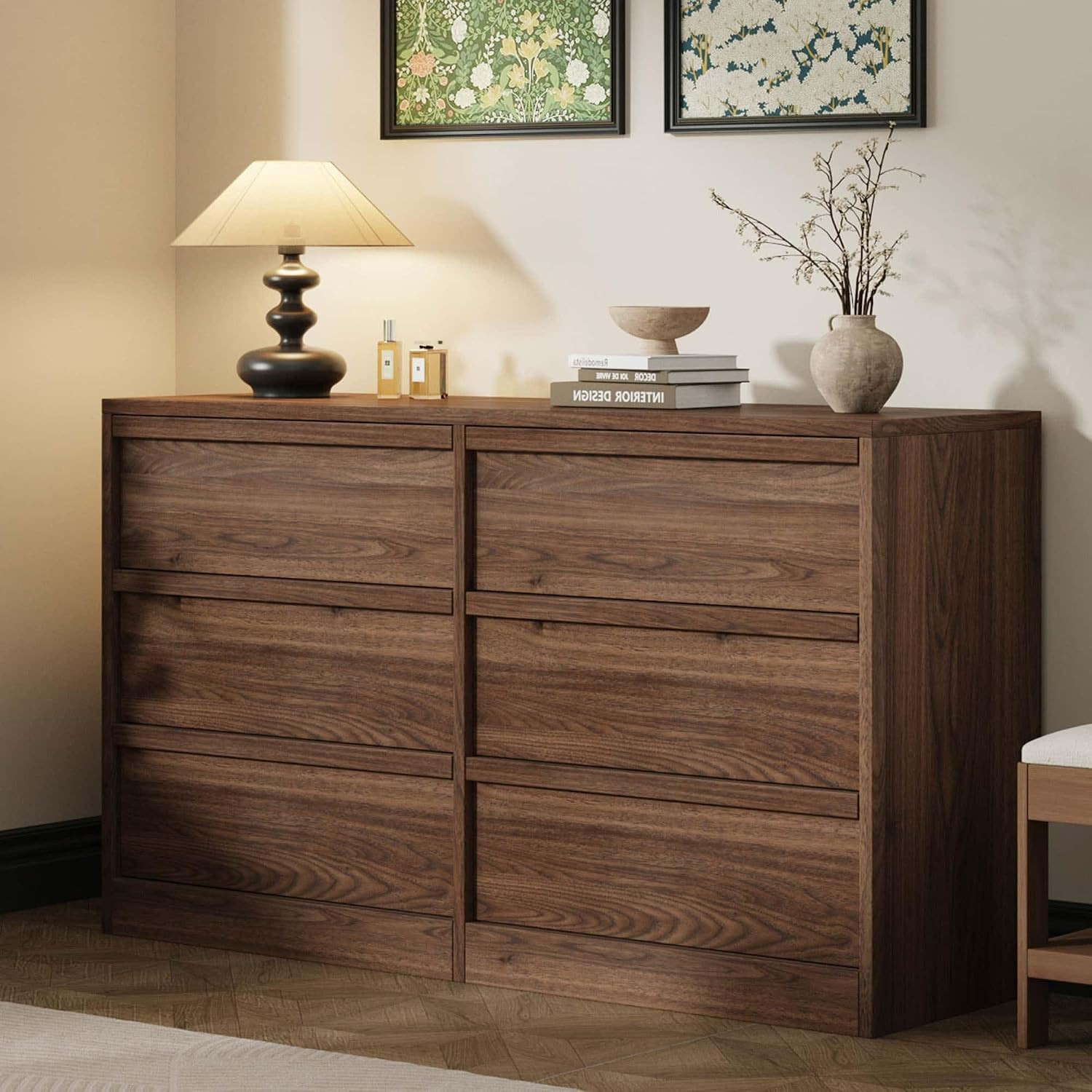 Garvee 6 Dresser for Bedroom, 46.7" Wide Dresser, Freestanding Horizontal Drawer with Storage, Wooden Closet Chest Storage for Living Room, Hallway, Entryway, Walnut | Amazon (US)