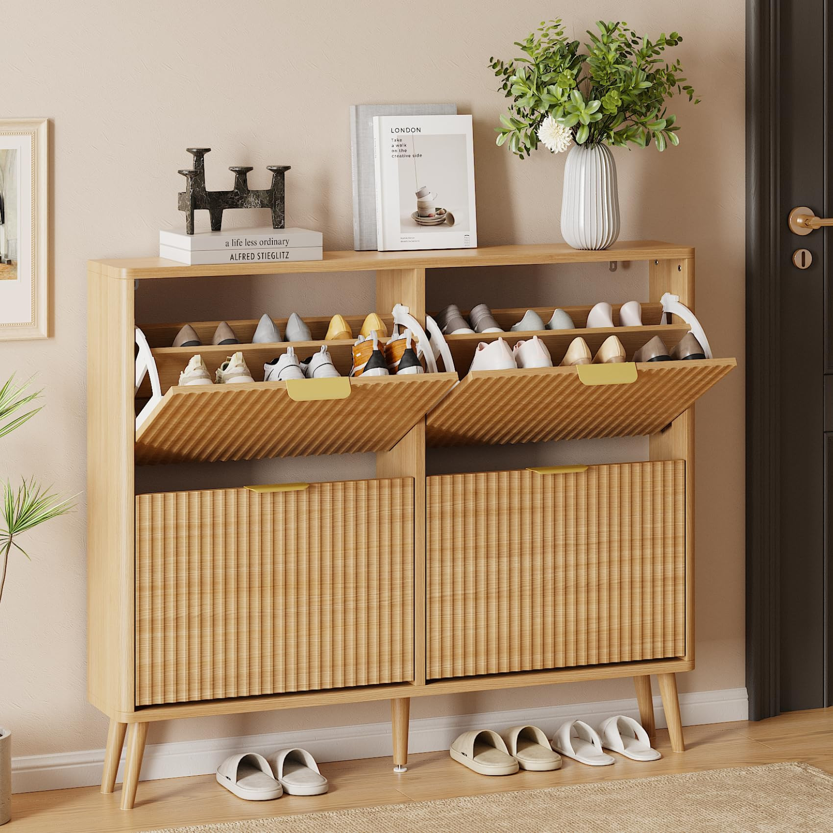 Narrow Shoe Storage Cabinet, Freestanding Shoe Cabinet Organizer for Entryway, Hallway (Oak, 4 Fl... | Amazon (US)