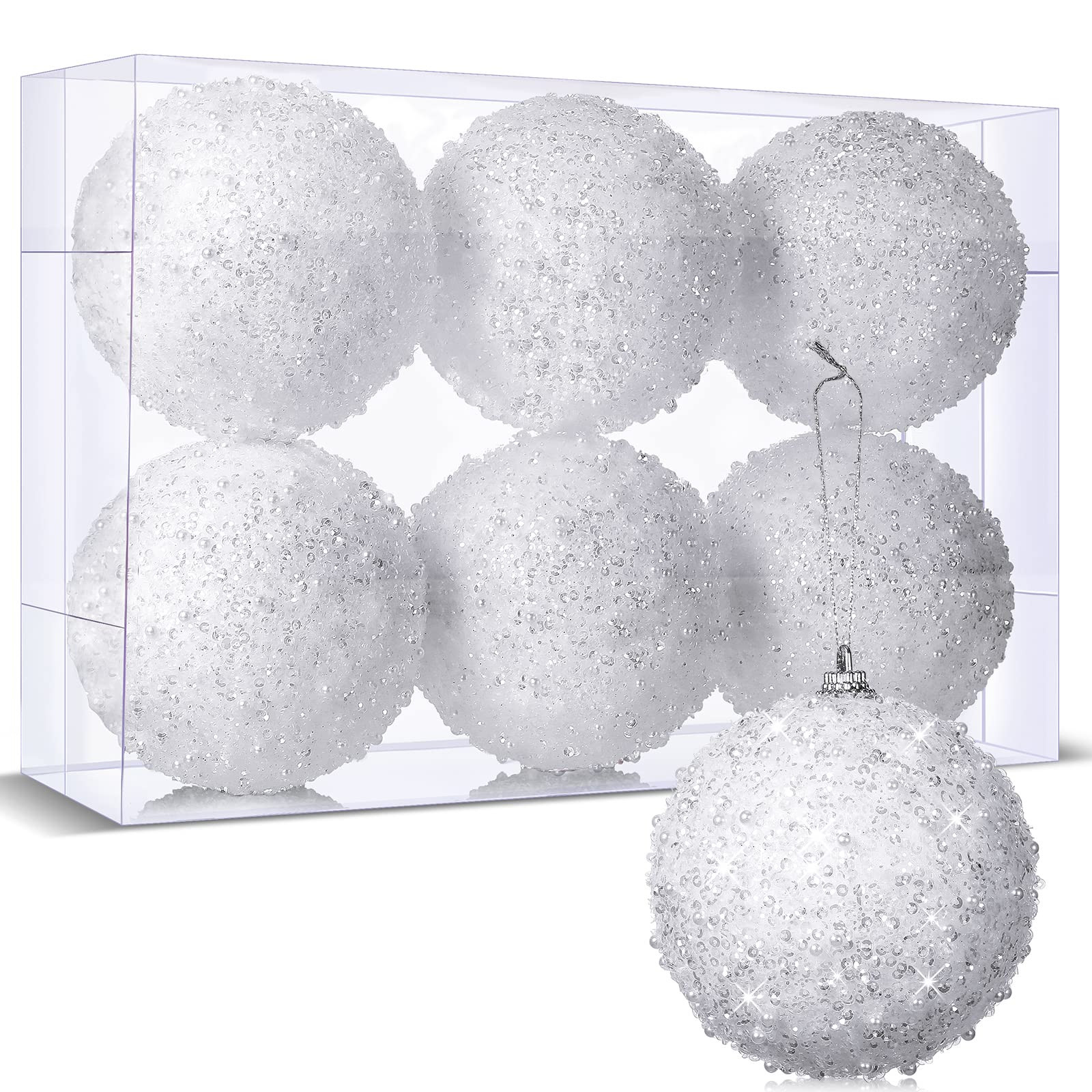 BBTO 6 Pieces 4 Inch Christmas Ball Ornament Christmas Tree Hanging Ornaments White Glitter Xmas ... | Amazon (US)