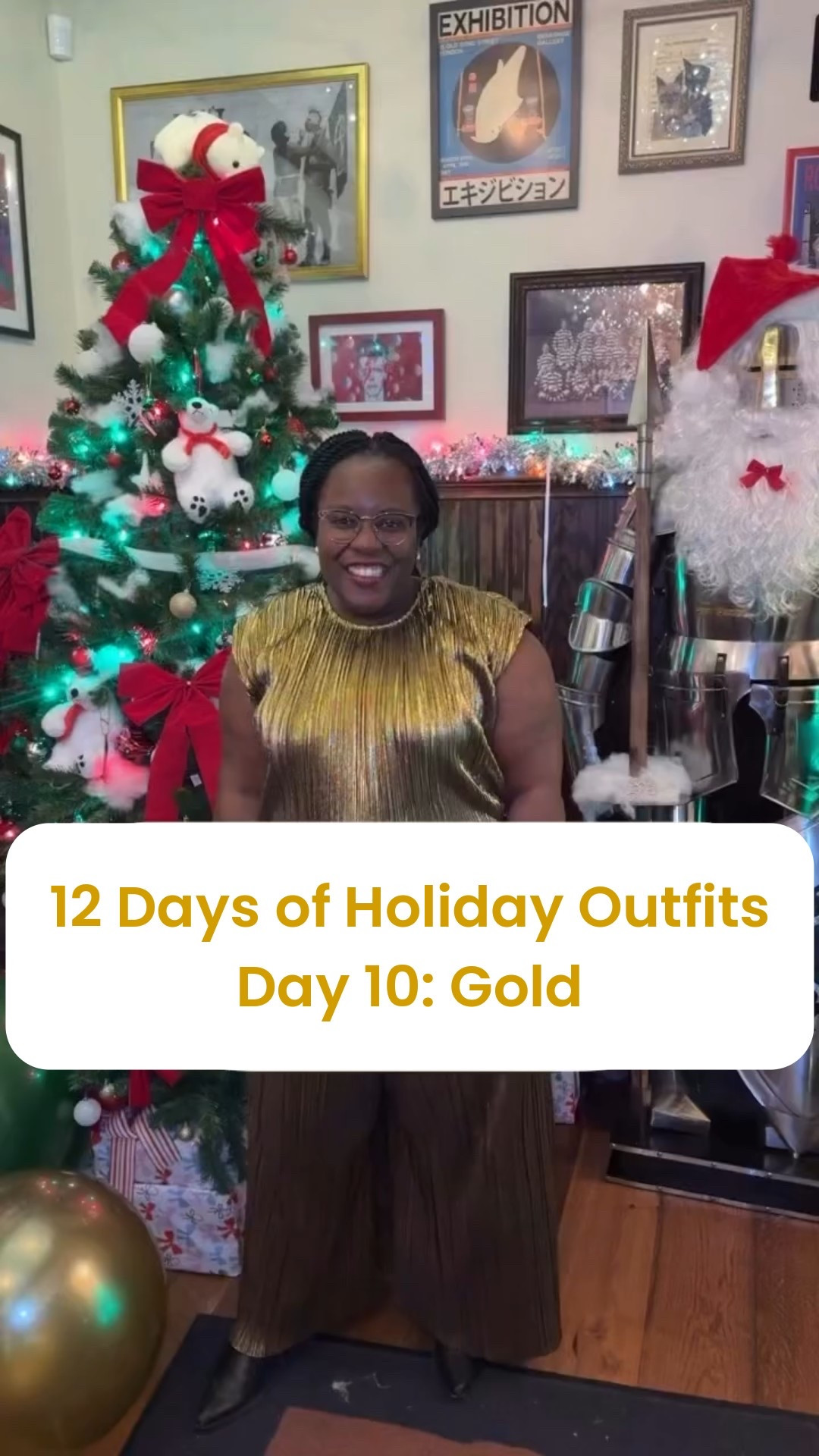 Day 10:  Stay Golden. 🌟 There’s no such thing as too much tinsel or too much gold! 

Rate this holiday look 1–10. ✨

#HolidayOOTD #FestiveStyles  #HolidayLookbook #goldoutfit #ChristmasCountdown2025