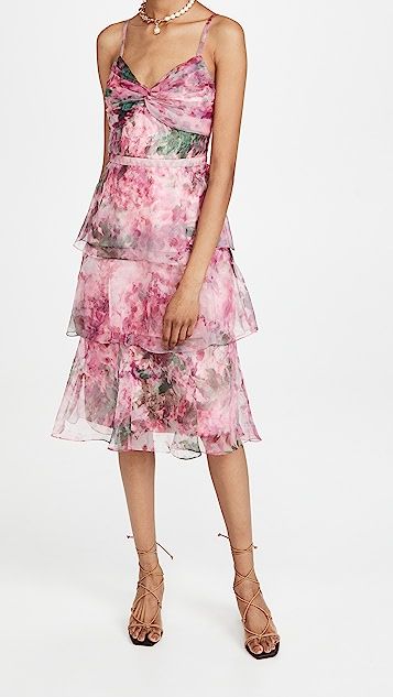 Sleeveless Floral Organza Tea Length Gown | Shopbop
