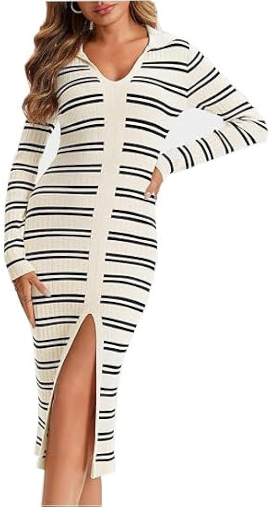 Saodimallsu Womens Striped Sweater Dress V Neck Collared Long Sleeve Color Block Bodycon Sexy Sli... | Amazon (US)