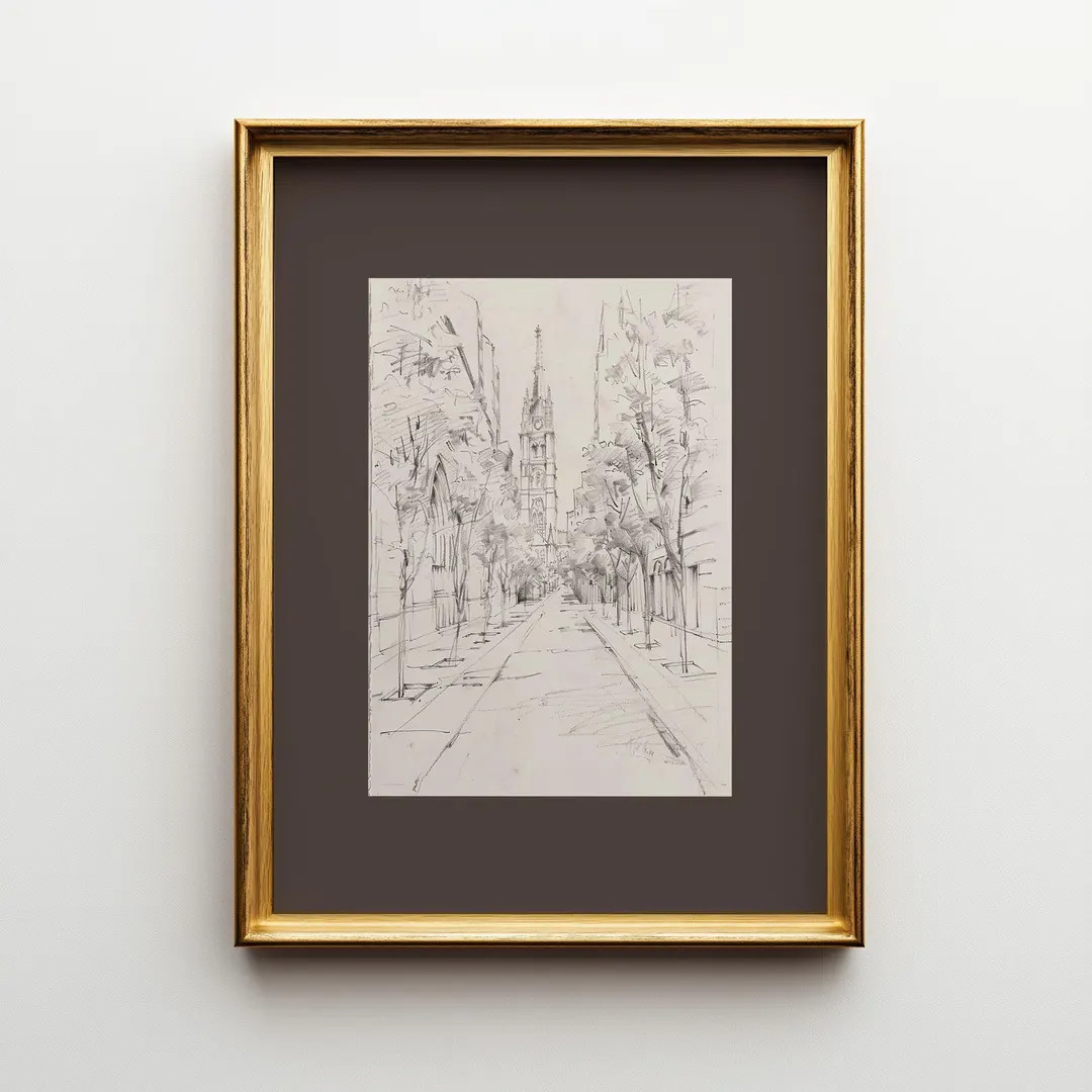 Architectural City Sketch Print, Vintage Hand Drawn Church Street Pencil Drawing, Monochrome Urba... | Etsy (US)
