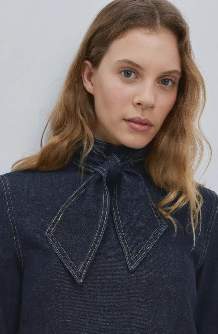 Tie Neck Denim Button-Up Shirt | Nordstrom