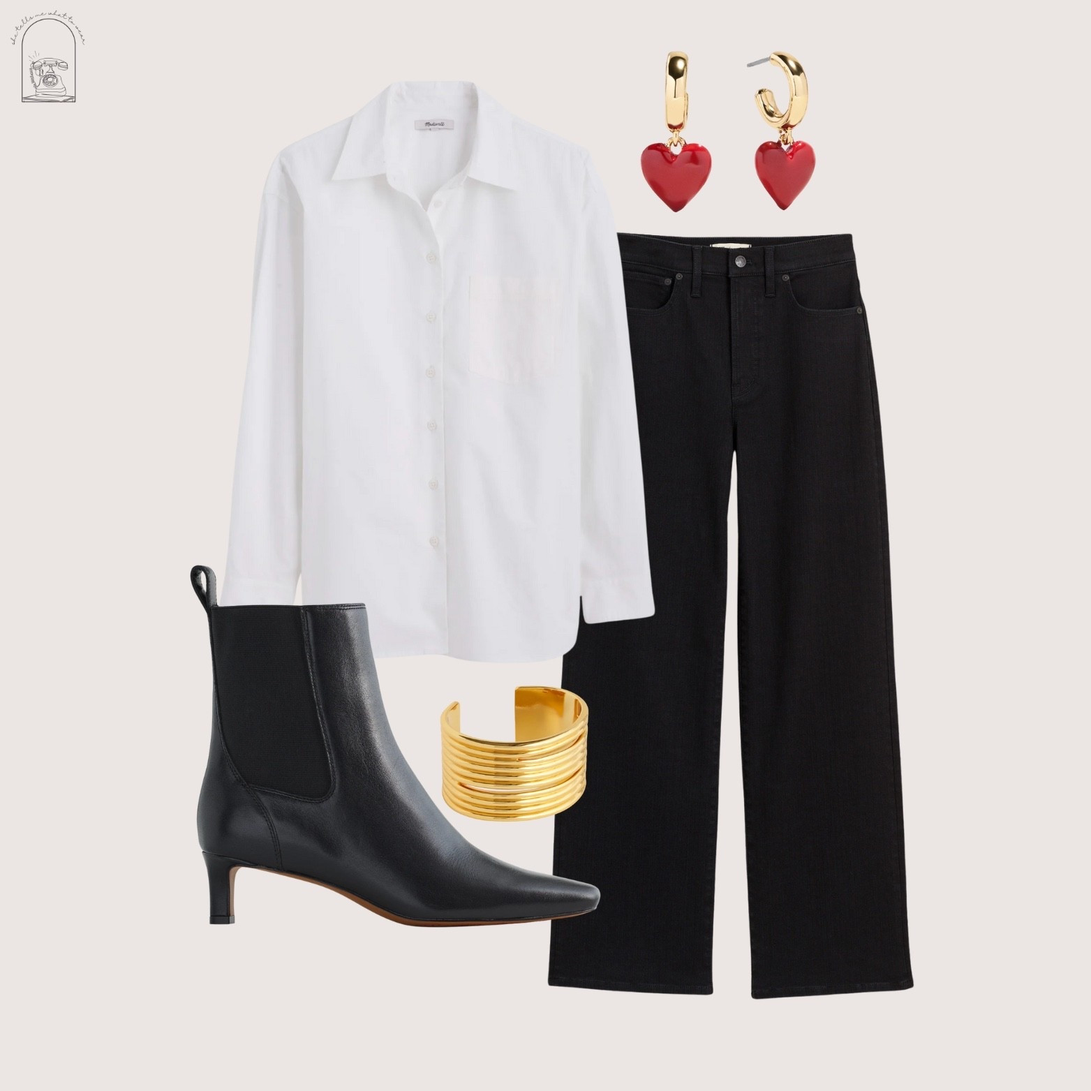 a crispy white button down and black pants can go a longgg way! here’s a simple + chic look for february ♥️ heart earrings, this layered gold cuff bracelet and the perfect black booties add the detail! 

#LTKOver40 #LTKootd #LTKNYFW
