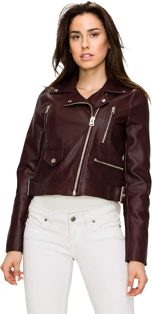 Lock and Love LL WJC1852 Womens Faux Leather Motorcycle Biker Jacket S MAROON | Amazon (US)
