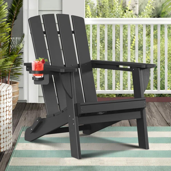 Folding Adirondack Chairs Weather-Resistant HDPE Outdoor Fire Pit Chairs With 2 Cup Holder | Wayfair North America