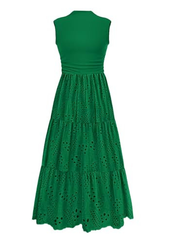 PRETTYGARDEN Summer Dresses for Women 2026 Casual Eyelet Sleeveless Wedding Guest Maxi Dress Tank Top Sundress with Pockets (Emerald Green,XX-Large) | Amazon (US)