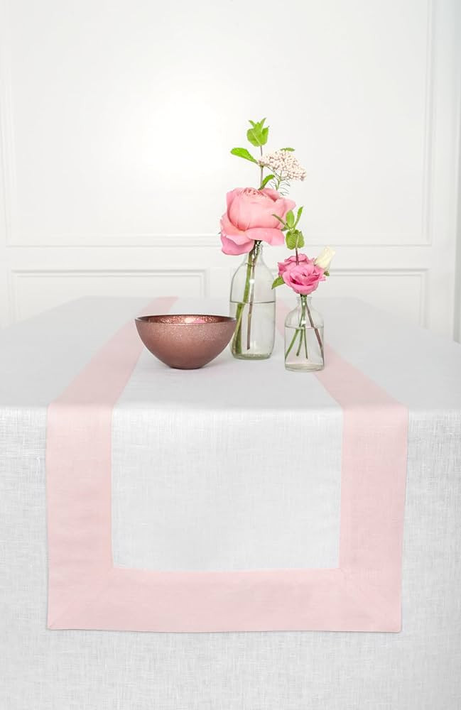 Solino Home Linen Table Runner 90 inches Long – 100% Pure Linen Blush Pink and White Table Runn... | Amazon (US)