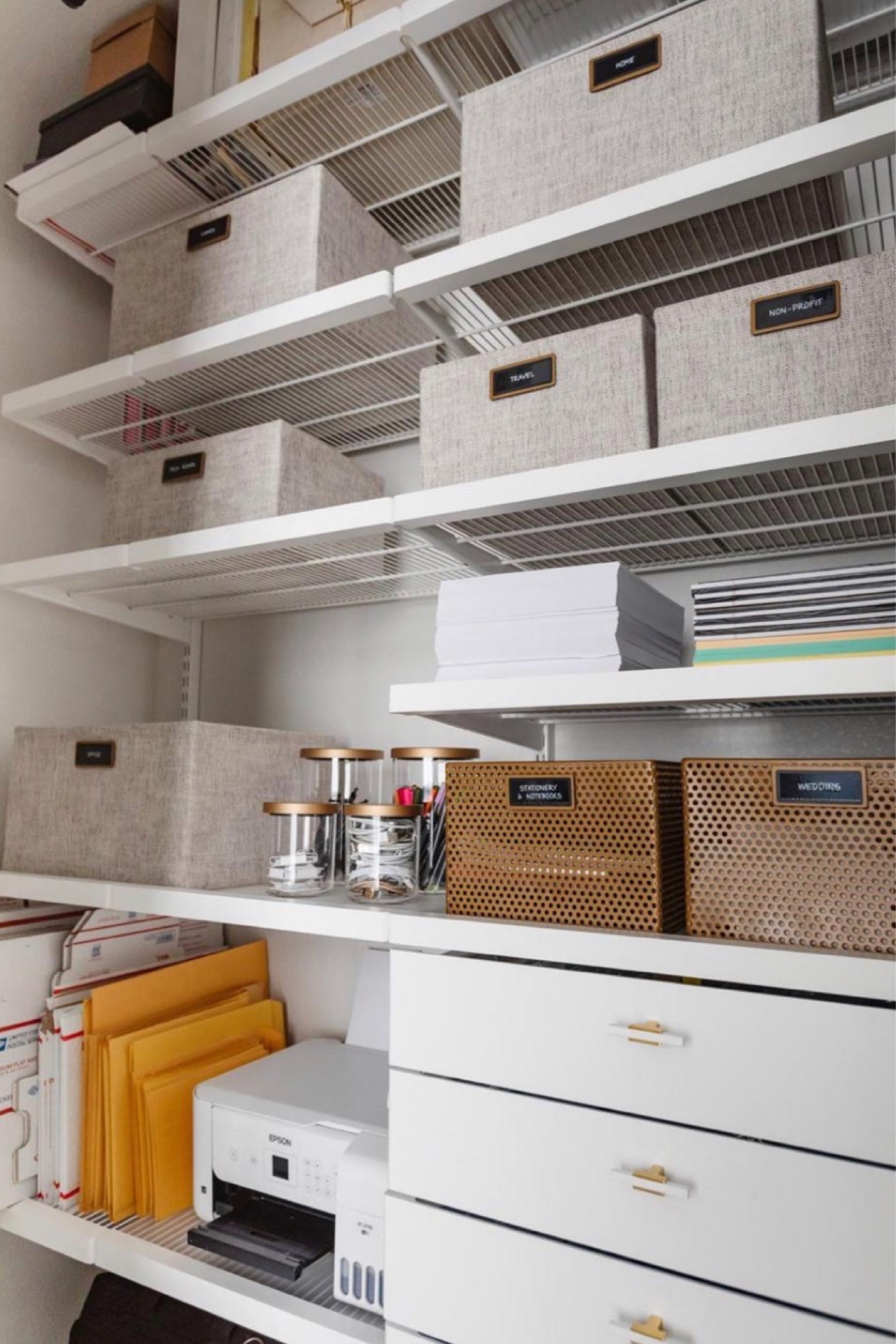 Office closet organization with the Elfa system from the container store. Love how you can customize it with drawers shelves and hanging space. It’s on sale for 25% off and we are so happy with the system. Also linking organizational bins and decorative baskets to keep supplies organized  

#LTKhome #LTKsalealert