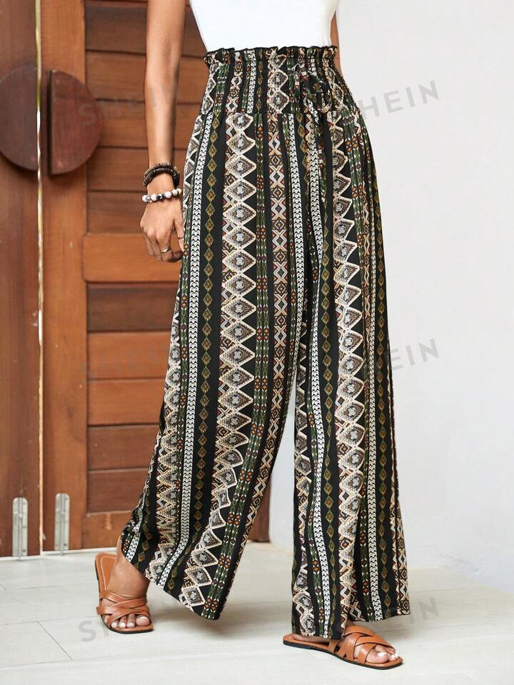 SHEIN VCAY Geo Print Paperbag Waist Wide Leg Pants | SHEIN