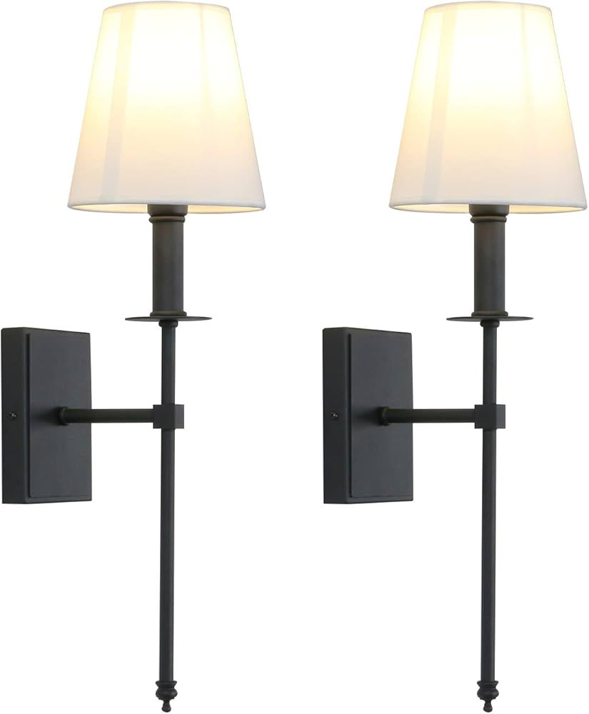 PERMO Set of 2 Classic Rustic Industrial Wall Sconce Lighting Fixture with Flared White Textile L... | Amazon (US)