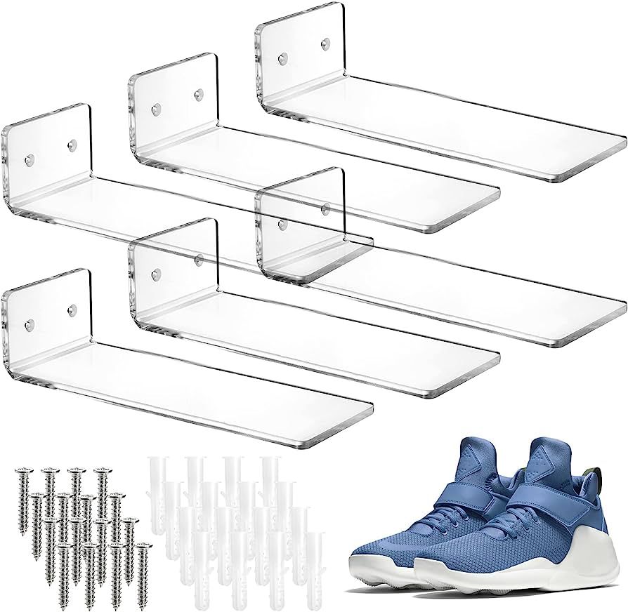 Youeon 6 Pack Acrylic Floating Sneaker Shelves with Hardware 8 x 3 Inch Shoe Display Shelf Wall M... | Amazon (US)