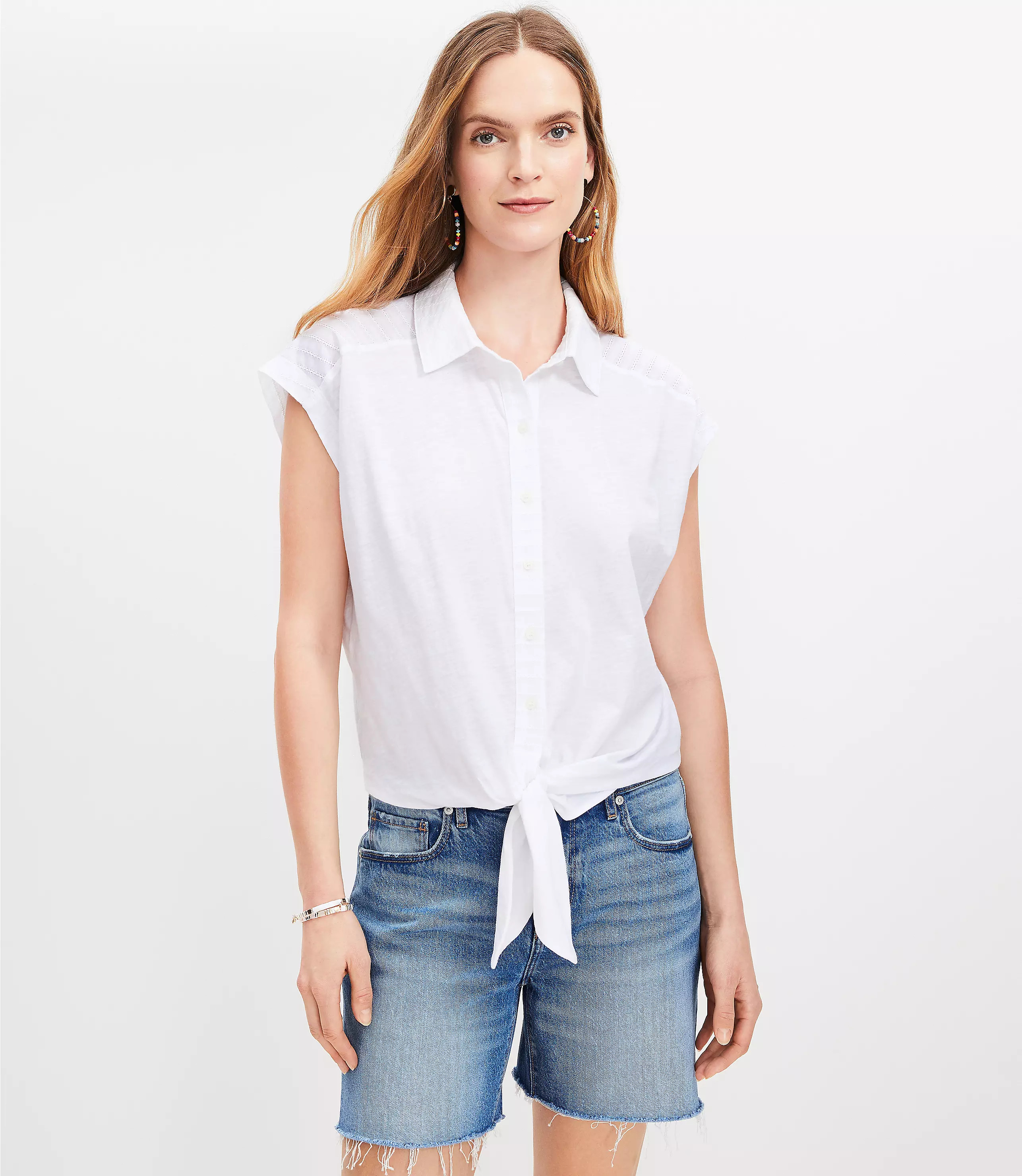 Dobby Stripe Modern Tie Front Mixed Media Top | LOFT