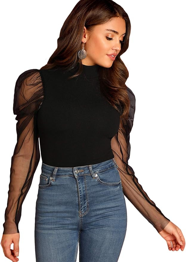 Romwe Women's Mesh Puff Sleeve High Neck Slim Fit Party Blouse Top | Amazon (US)