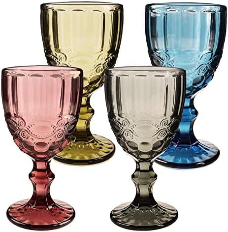 Amazon.com | Wongblee Vintage Glass Goblets 10.8 Oz, Embossed Stemmed Glasses, Assorted Colored Drin | Amazon (US)