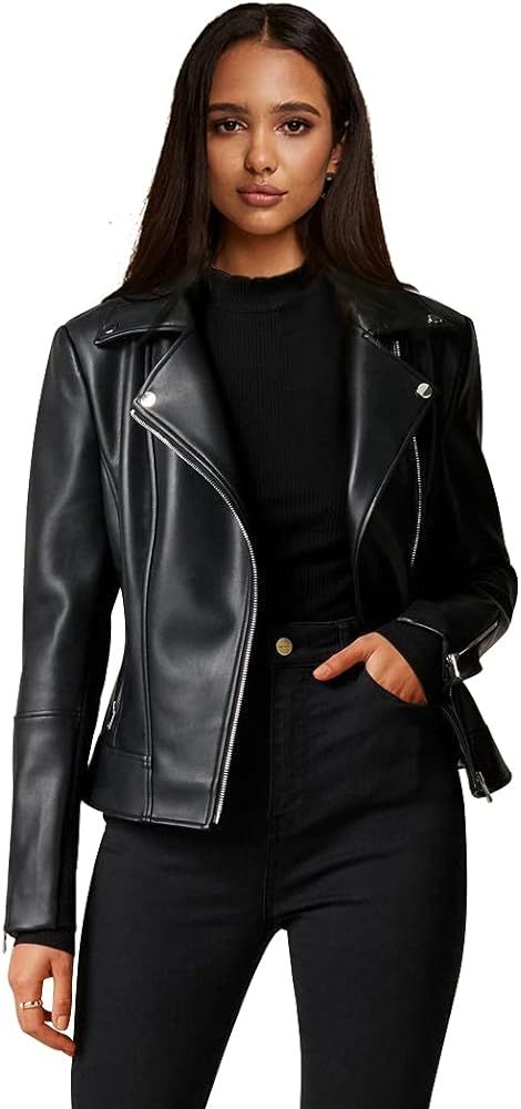Womens Faux Leather Motorcycle Jackets Classical Black PU Slim Short Biker Coats | Amazon (US)