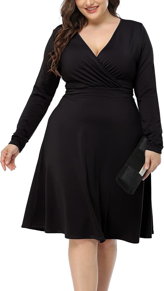 POSESHE Women's Plus Size V-Neckline Stretchy Casual Long Sleeve Mini Plus Size Party Dress | Amazon (US)