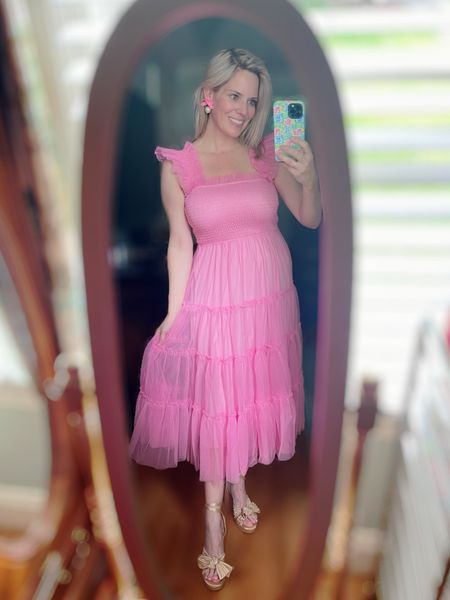 Pink tulle smocked midi dress, wedding guest dress, gold bow platform sandals 

#LTKFindsUnder50 #LTKOver40 #LTKFindsUnder100