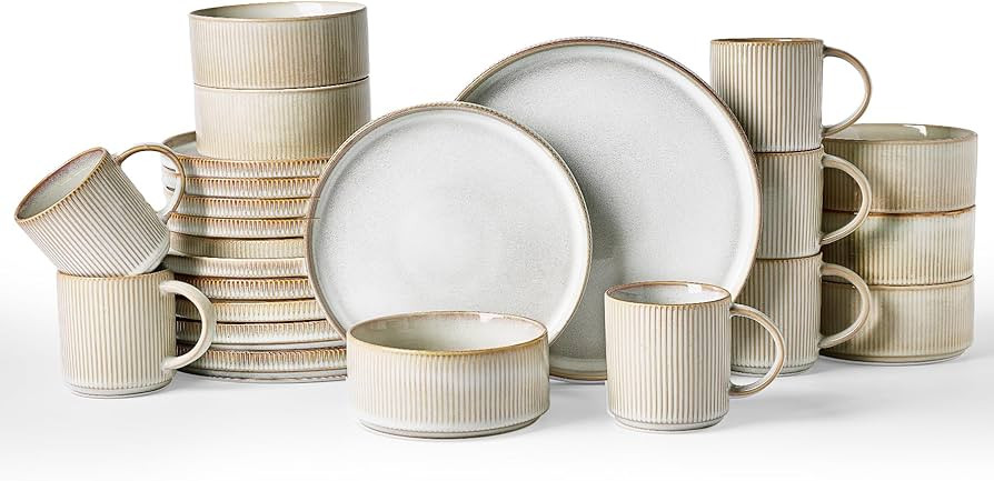 Famiware Star Dinnerware Set with Mugs, Service for 6 (24 Pieces), Ribbed Stoneware Plates and Bo... | Amazon (US)