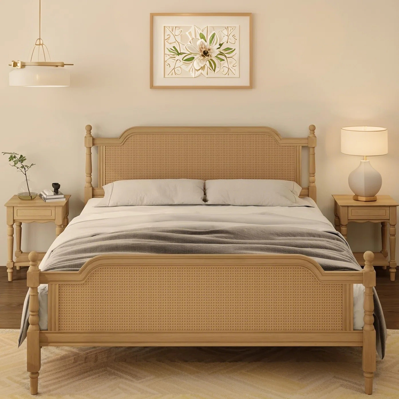 Solid Wood Bed Frame with Rattan Headboard, Boho Style Wicker Bed Frame with Headboard | Wayfair North America