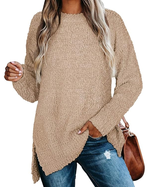 XIEERDUO Women's Sweaters Oversized Long Sleeve Crewneck Side Slits Tunic Tops | Amazon (US)
