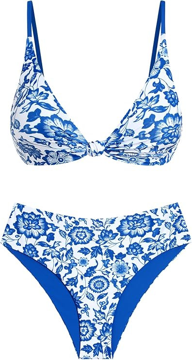 ZAFUL Bikini Set for Women V Neck Knot Front Push Up Bathing Suit High Cut Two Piece Swimsuit Bra... | Amazon (US)