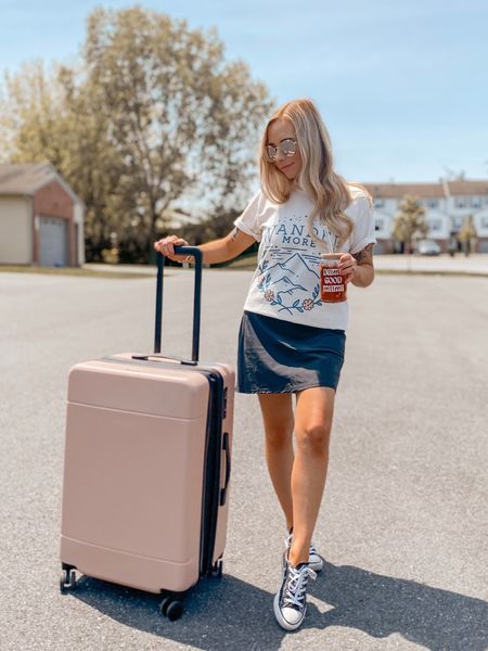 travel ootd, travel outfit, road-trip outfit, luggage, traveler mini dress, graphic tee, glass tumbler 

#LTKtravel #LTKstyletip #LTKunder100