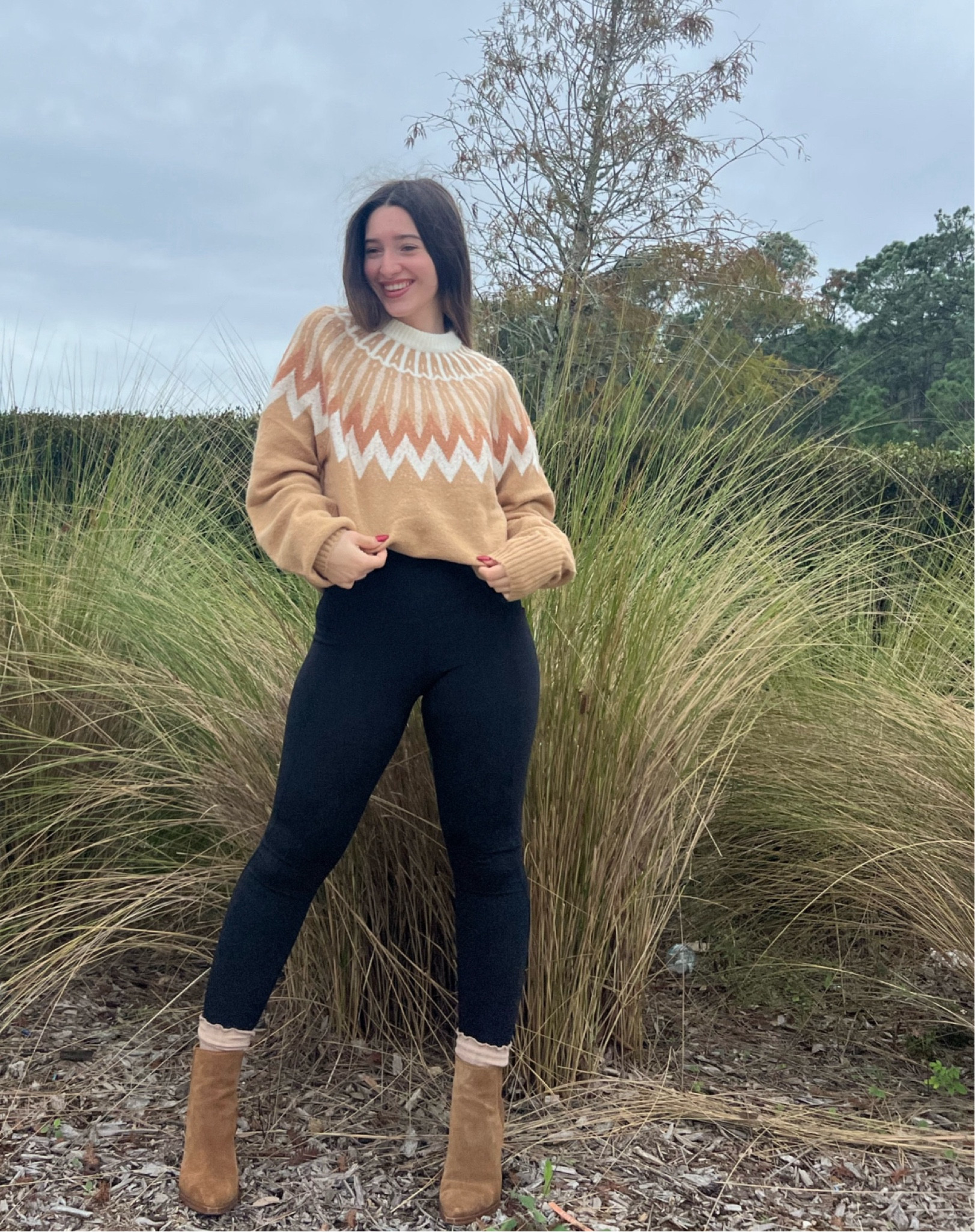 Gorgeous sweater and black leggings with pockets. Love these ruffle socks and Marc Fisher ankle booties. Xoxo #LTKworkwear 

#LTKshoecrush #LTKfindsunder100 #LTKsalealert #ltku