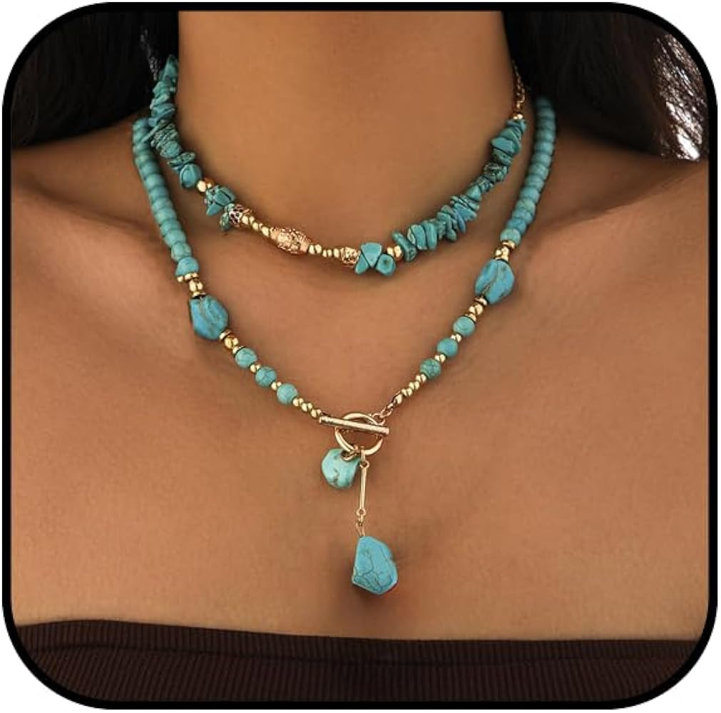Turquoise Beaded Necklace for Women Layered Choker Necklace Gold and Turquoise Necklace Toggle Co... | Amazon (US)