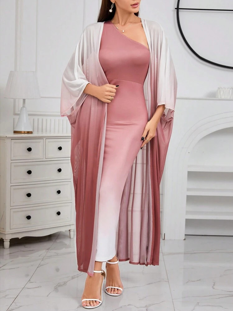 Modelyn Ombre Shoulder Sloping Dress With Coat Evening Dress 2 Piece Set | SHEIN