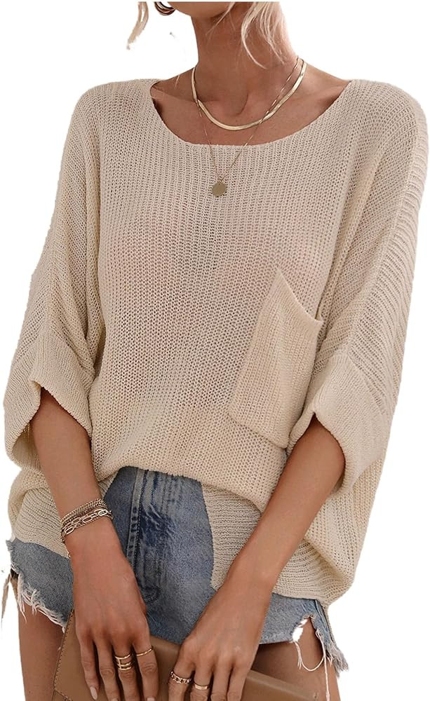 Women Drop Shoulder Mesh Solid Beach Cover Up Knit Shirt | Amazon (US)