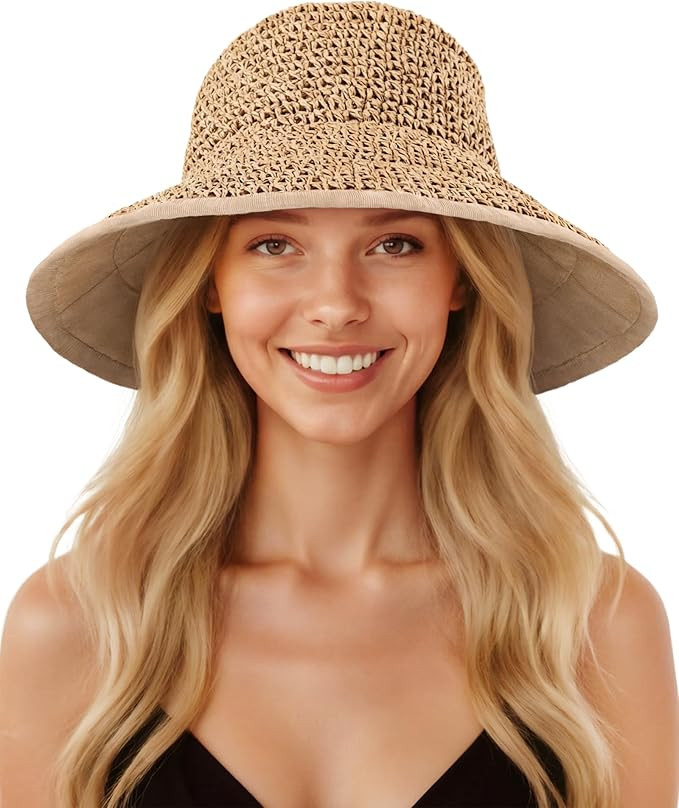 Sun Hats for Women UV Protection Handmade Wide Brim Packable Straw Bucket Hat for Beach Summer Va... | Amazon (US)