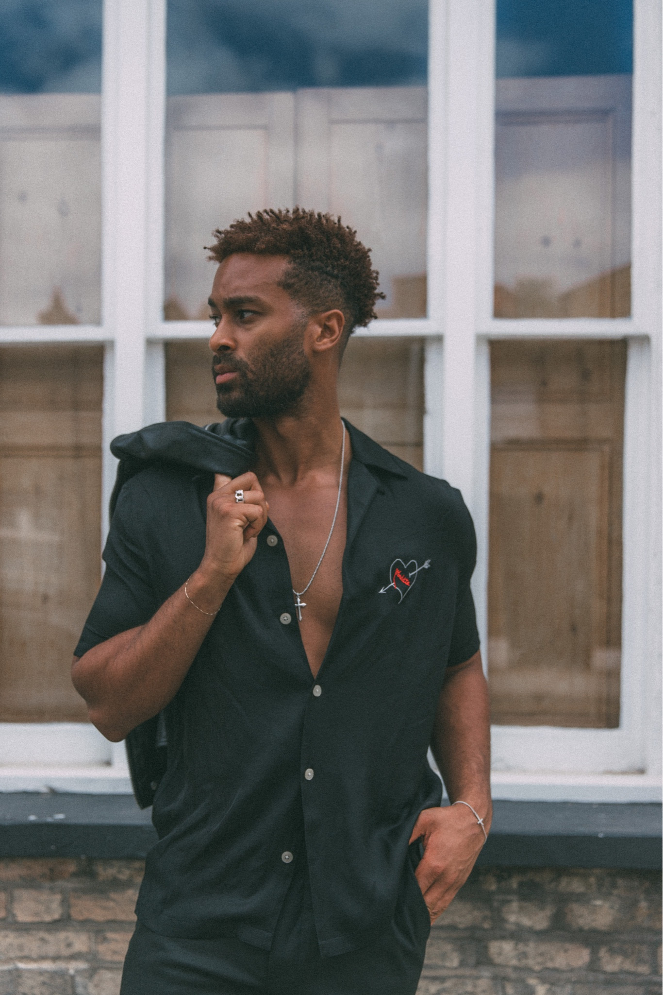 All Saints X Teddy Soares 
Black patterned shirt, short sleeve shirt, all saints shirt, silver accessories, leather jacket, men’s style, all black outfit, men’s jewellery, street style, transitional style 

#LTKSeasonal #LTKeurope #LTKstyletip