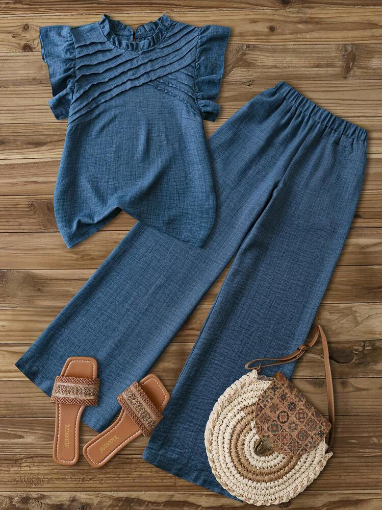 EMERY ROSE Women's Casual Blue Asymmetrical Ruched Decor Cap Sleeve Shirt With Ruffle Collar + Wo... | SHEIN