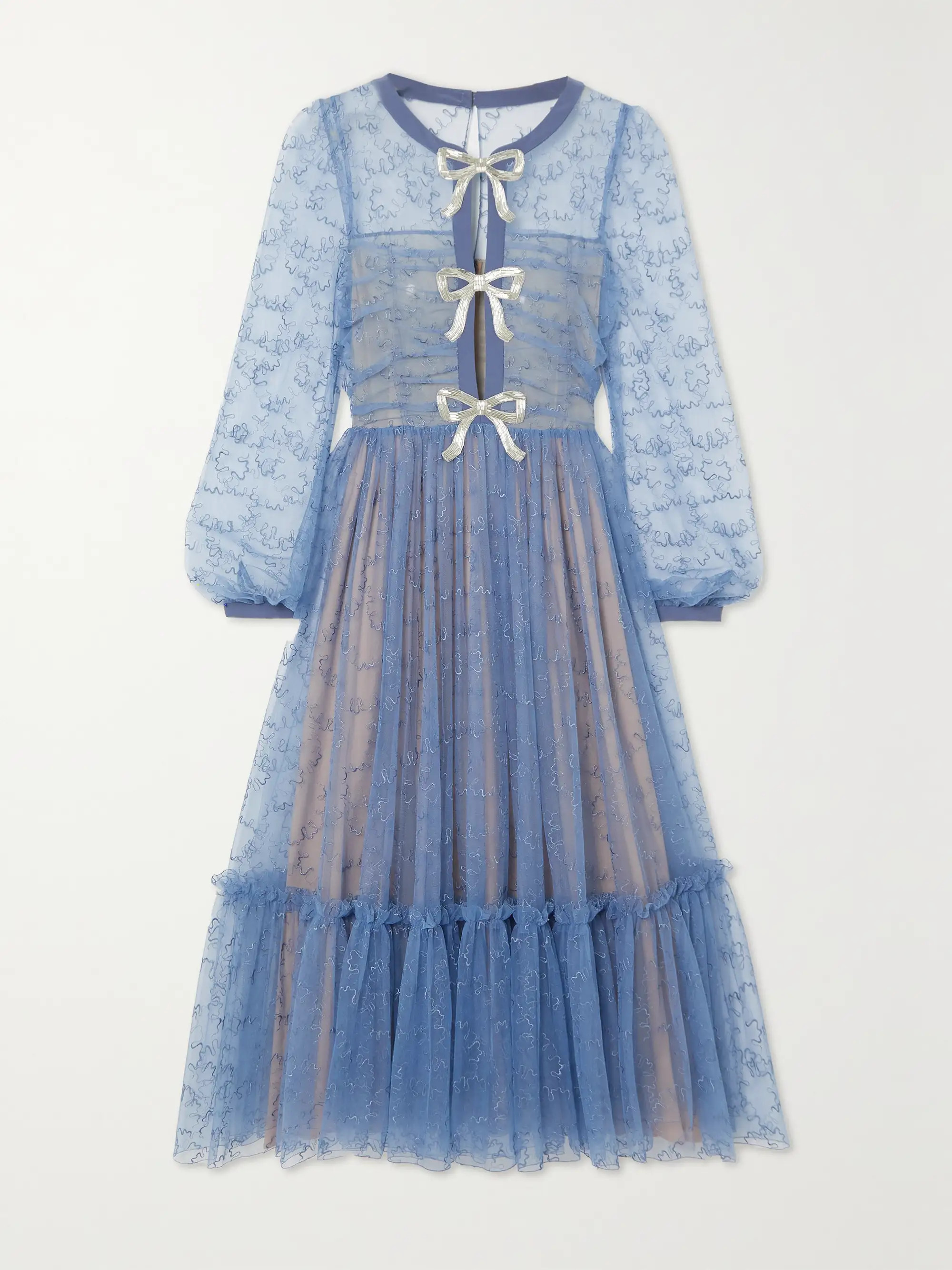 Camille bow-embellished tiered embroidered tulle midi dress | NET-A-PORTER (US)