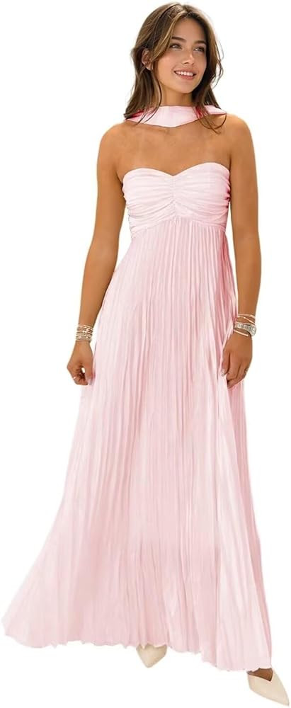 Women's Strapless Chiffon Bridesmaid Dresses with Scarf Long A-Line Pleated Formal Evening Dress ... | Amazon (US)