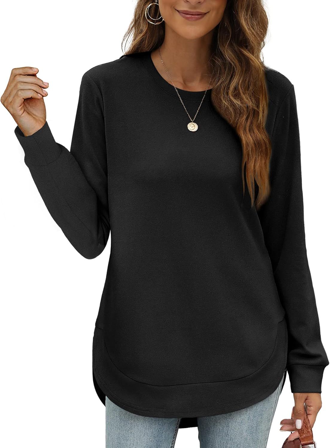 Womens Sweatshirt Crewneck Long Sleeve Shirts for Women High Low Tops Curved Hem | Amazon (US)