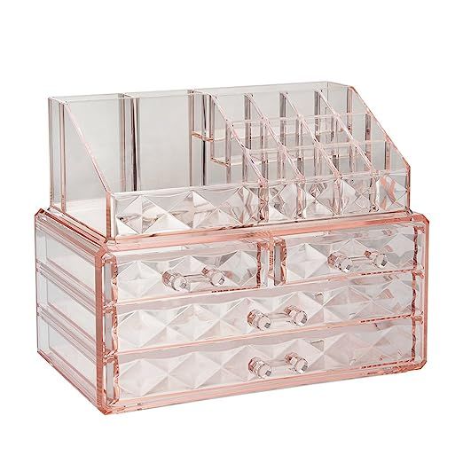 Jewelry and Cosmetic Boxes with Brush Holder - Pink Diamond Pattern Storage Display Cube Includin... | Amazon (US)