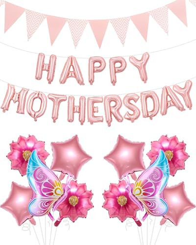 Happy Mother's Day Balloon Set Decoration, Pink Mothers Day Decorations Banner Include Letter, Butterfly, Flower Balloons for Party Women | Amazon (US)