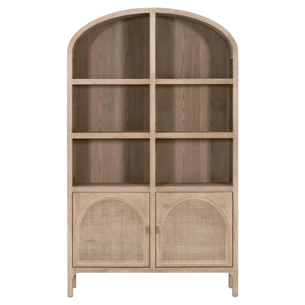 Logen Coastal Beach Smoke Gray Oak Arched Storage Bookcase | Kathy Kuo Home