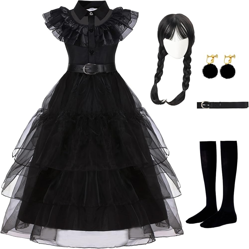 Akokvlar Wednesday Addams Costume Dress for Girls Wig Belt Earrings Socks Dress Up Suit | Amazon (US)