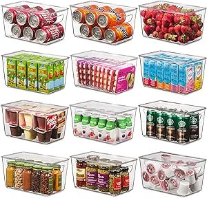 Set Of 12 Refrigerator Organizer Bins with Lids - Plastic Pantry Organization and Storage Baskets... | Amazon (US)