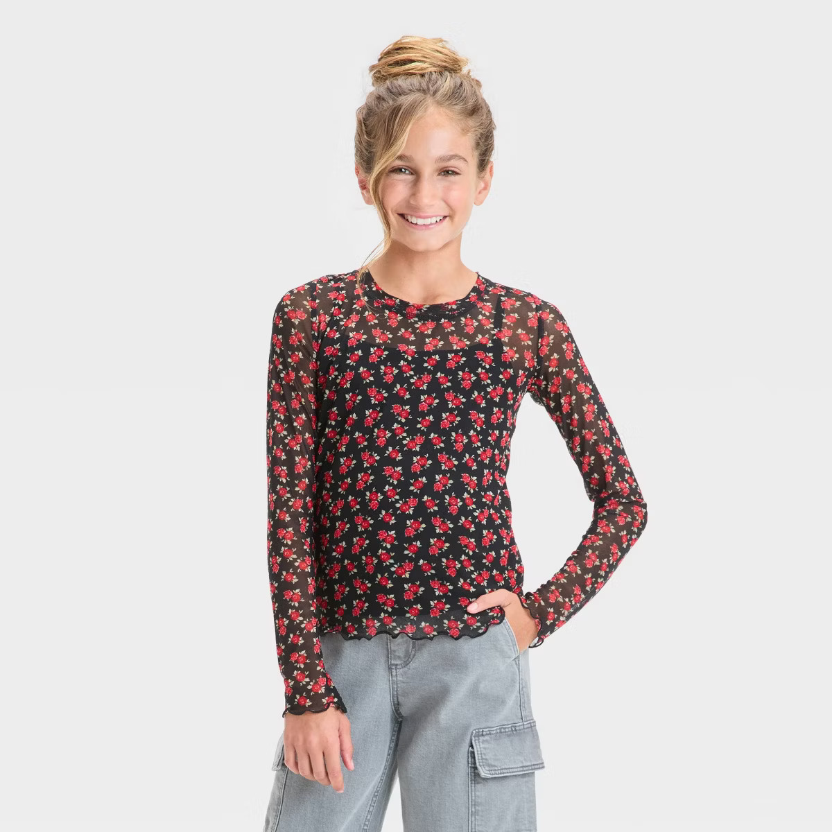 Girls' Long Sleeve Mesh Crew - art class™ Black L | Target