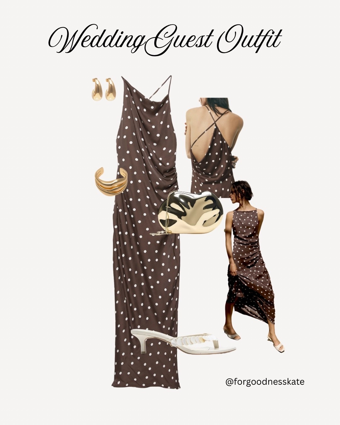 Wedding guest outfit for a spring/summer wedding ✨ Chocolate brown polka dot strappy dress with gold metallic clutch bag, shell strappy heels and gold jewellery ✨ 

#pullandbearcommunity #dressedupcollection #partydressing #occasionwear #ad 

#LTKwedding #LTKdresses #LTKpartywear